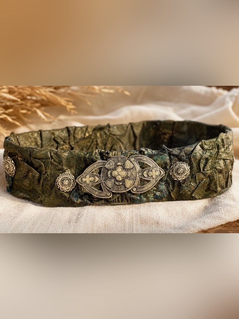 Wide Olive Green Leather Belt Ornate Silver Buckle Boho Medieval Renaissance